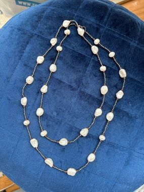 Fresh water Pearls and Hematite Bead Long Necklace - White Pearls